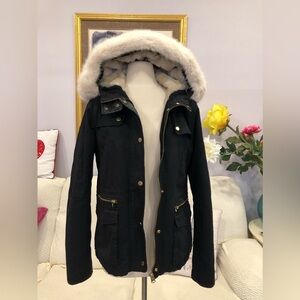 Top Shop quilted faux fur jacket black ivory size 6